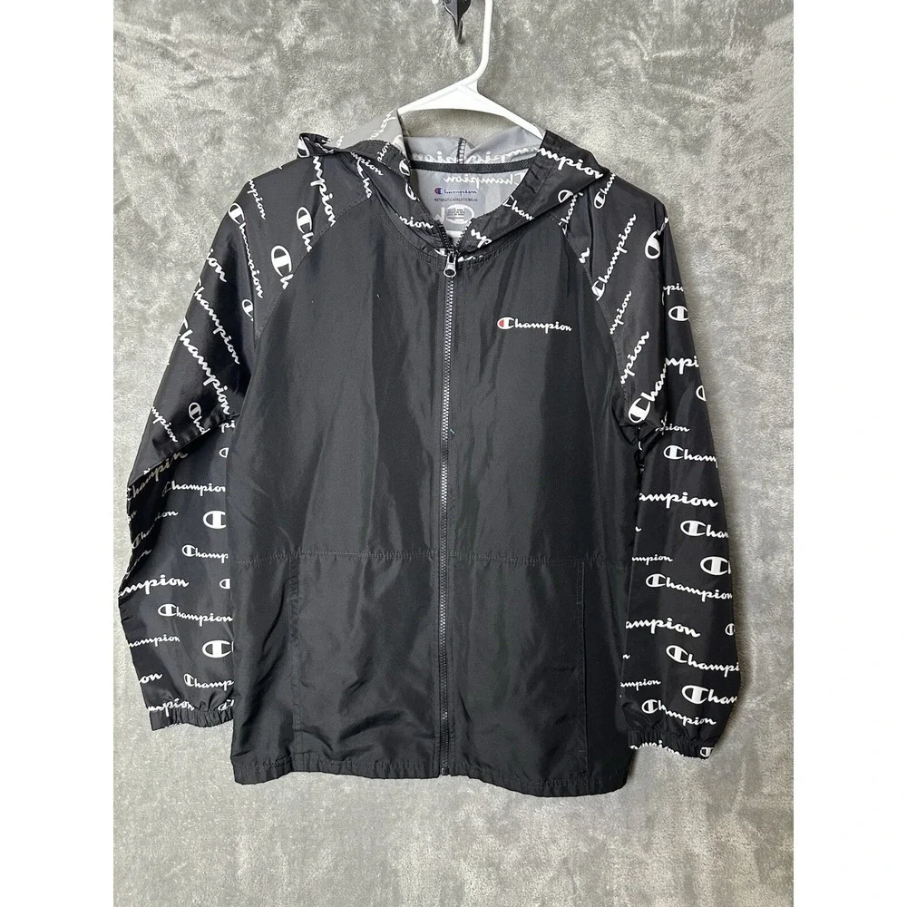Champion Jacket Womens Large‎ Windbreaker Black All Over Logo Full Zip Hooded